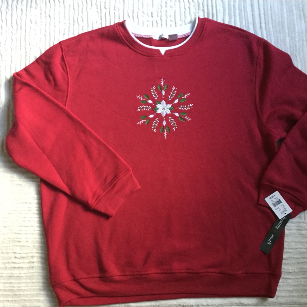 Chic Red Floral Embroidered Sweatshirt
